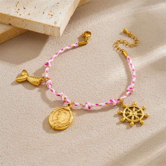 Sweet Gold Plated Oval Cartoon Charm Bar Stainless Steel Bracelet