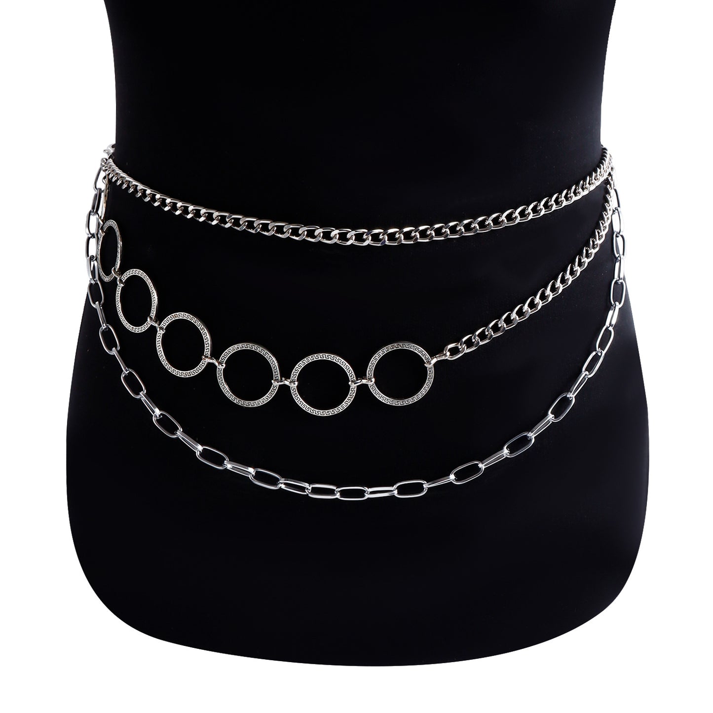 Cadena de cintura de metal multicapa minimalista estilo punk para mujer con anillos circulares y elegante diseño de cadena para el cuerpo