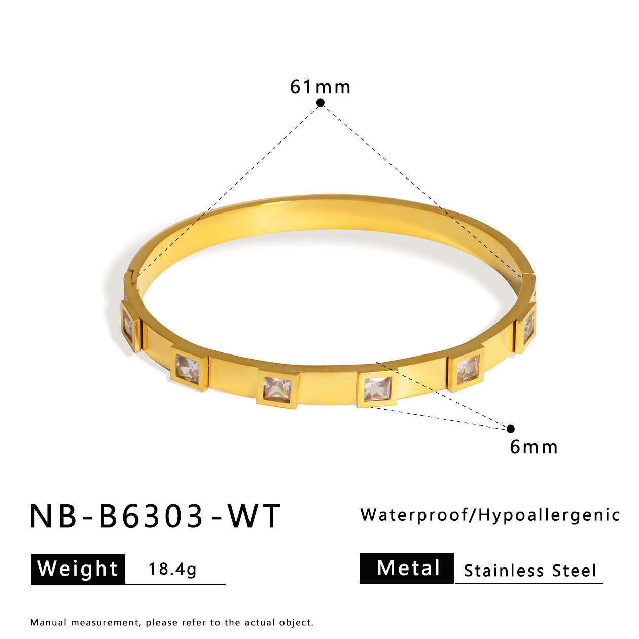 Minimalist Geometric Square-Cut Rhinestone Titanium Steel Bracelet for Women with Polished Gold Plating