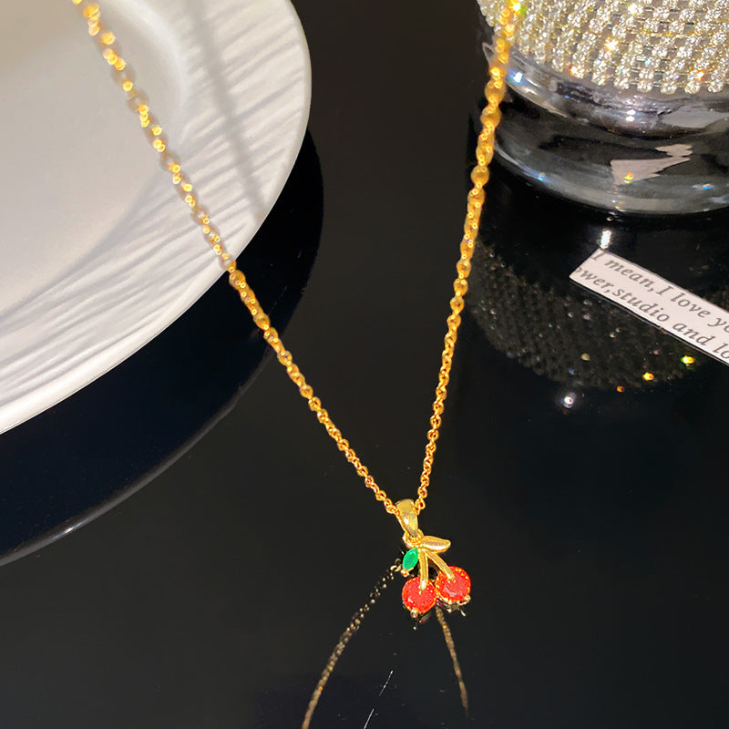 Sweet Rhinestone Cherry Fruit Pendant Titanium Steel Necklace with Cable Chain