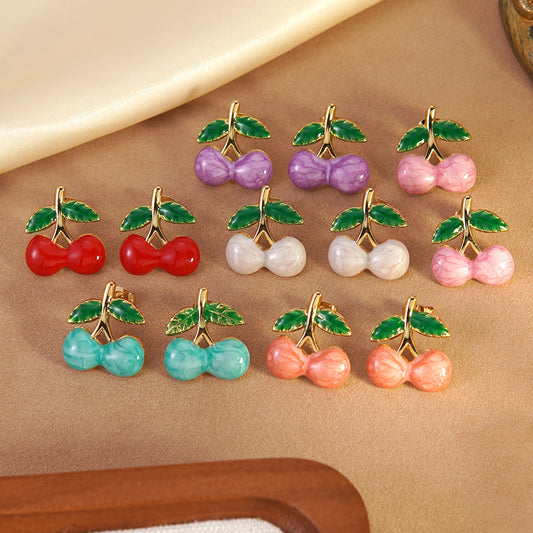 Pendientes de acero inoxidable para mujer con diseño de cereza y goteo de aceite.