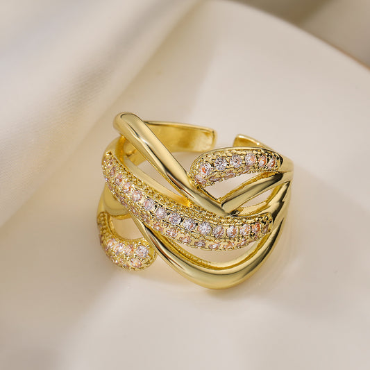 Anillo de Cobre Geométrico Irregular con Baño de Oro de 18K e Incrustaciones de Circonitas para Mujer