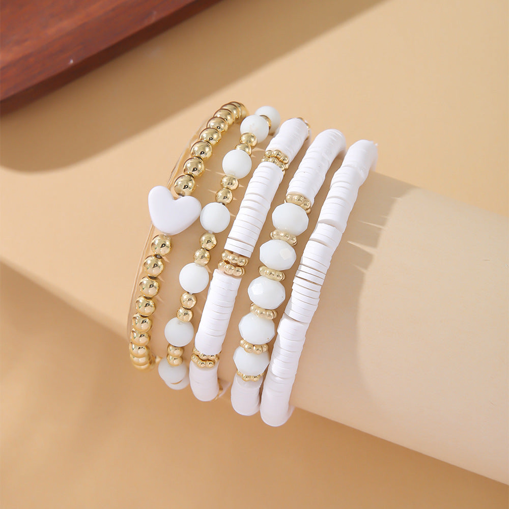 Set di braccialetti elastici in argilla polimerica a forma di cuore in stile bohémien per bambini con un'estetica dolce