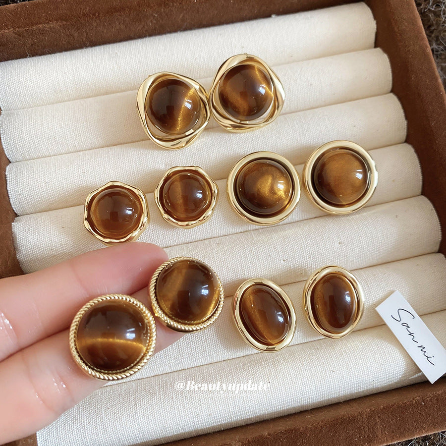 Orecchini a perno geometrici vintage in occhio di tigre, in acciaio placcato oro 18 carati da donna