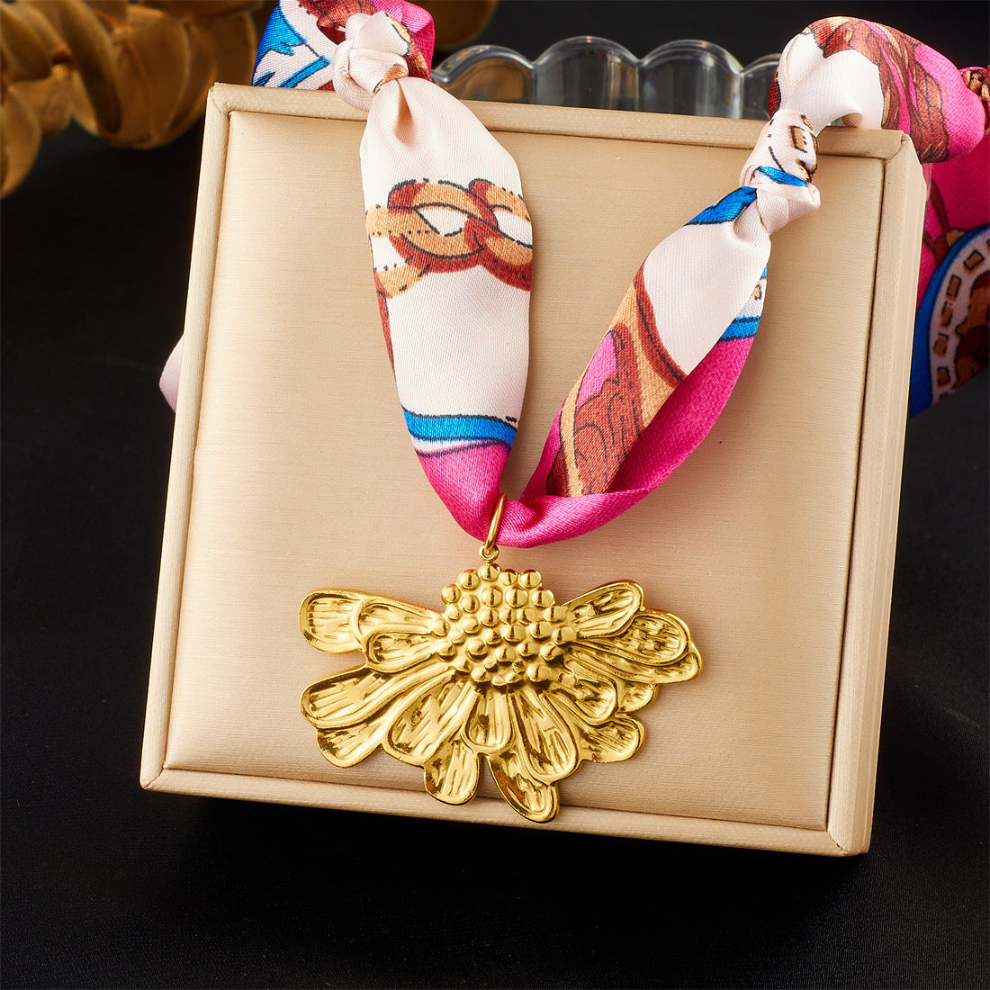 Elegant Gold Plated Stainless Steel Heart Moon Star Necklace with Colorful Floral Print and Knotted Chain for Women