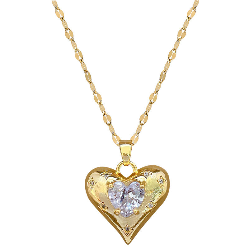 Collana Minimalista a Cuore in Acciaio al Titanio con Intarsio di Strass per Donna e Uomo, Delicata Catenina per Clavicola