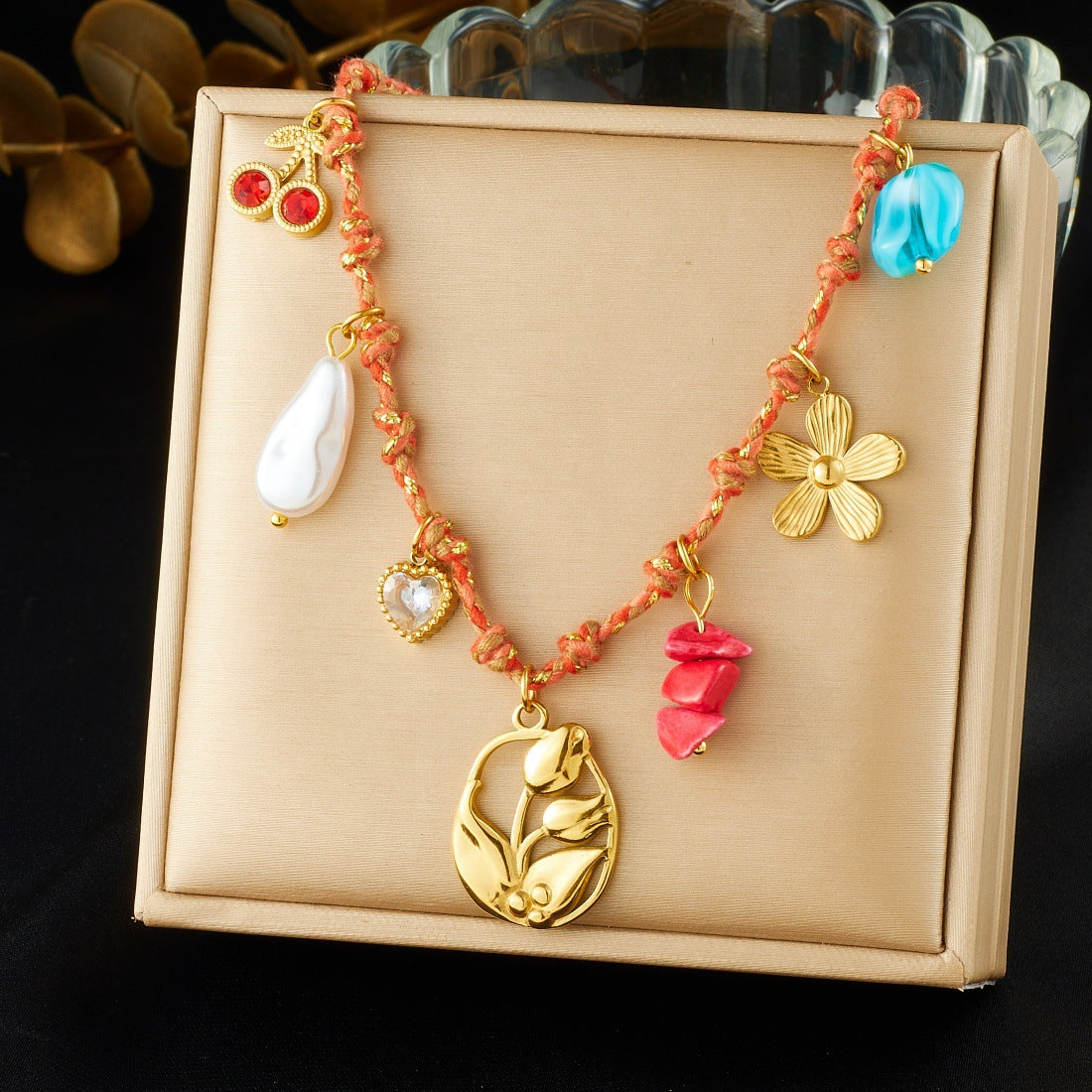 Bohemian Sweet Gold Plated Stainless Steel Floral Plant Knot Rope Necklace for Women