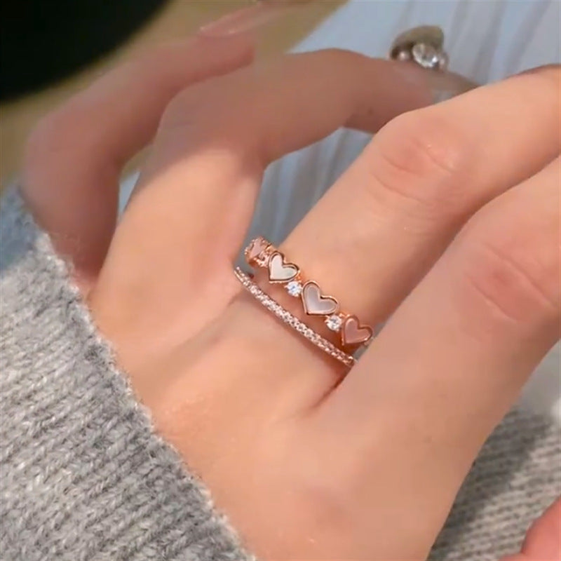 Elegante Anillo Abierto Bicolor con Diseño de Corazón de Nácar y Circonita Cúbica para Mujer, Accesorio de Moda Minimalista de Lujo