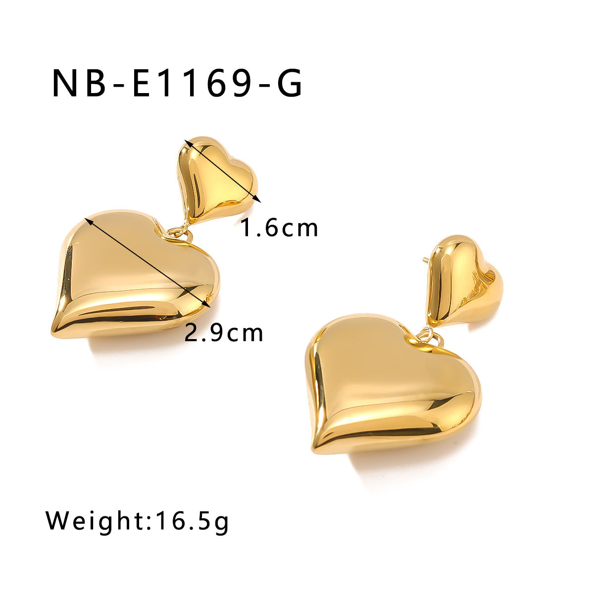 Ins Style Heart-Shaped Pendant Earrings with Double-Layer Love Heart Design, 18K Gold Plated Stainless Steel