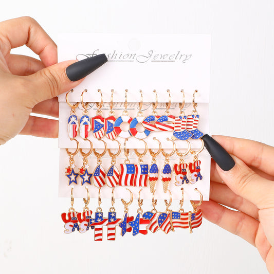 Rhinestone Inlaid Alloy Earrings Set with Heart Star Cross and Geometric Shapes for Women