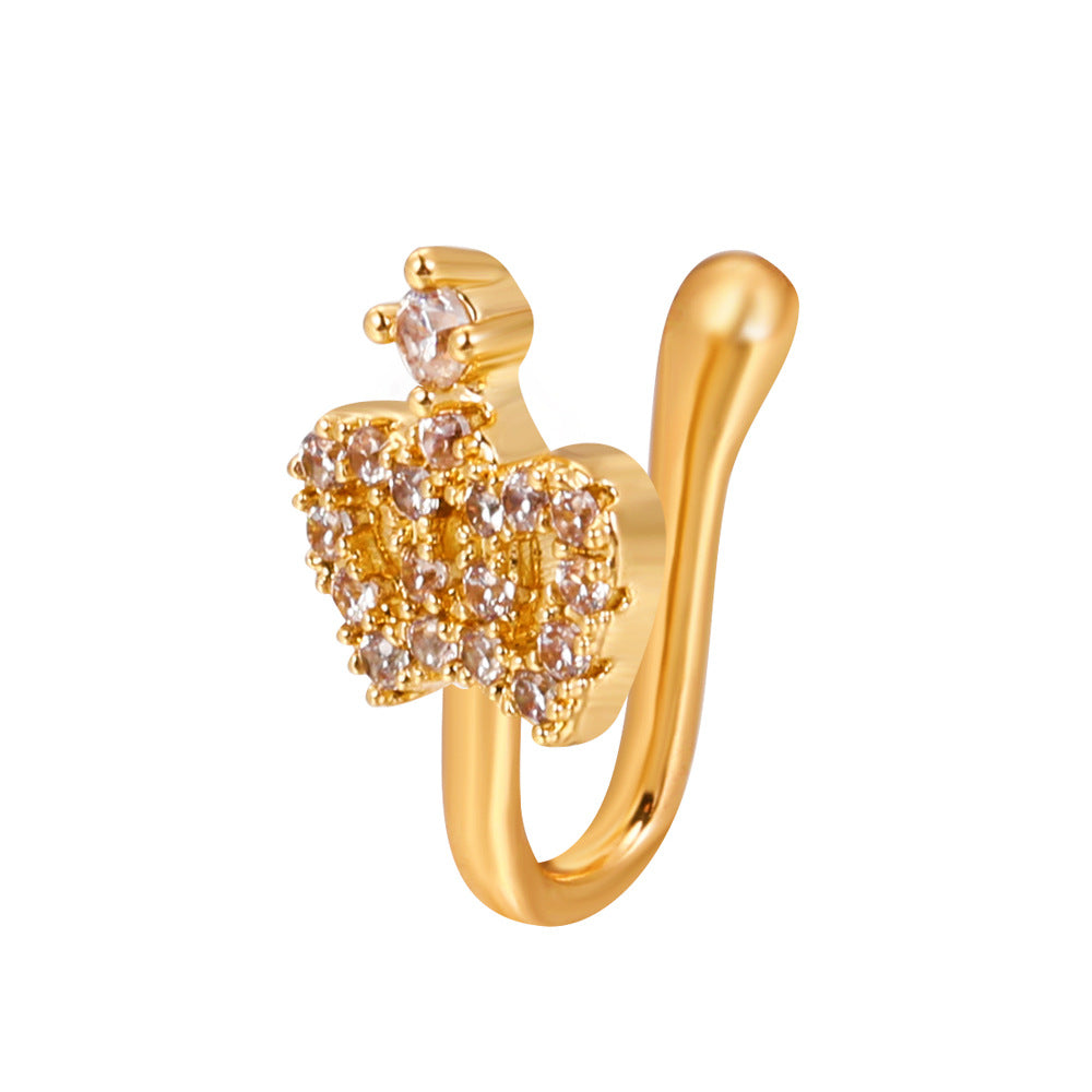 Clip per il naso a forma di U con stella e cuore placcata in rame vintage con zirconia cubica