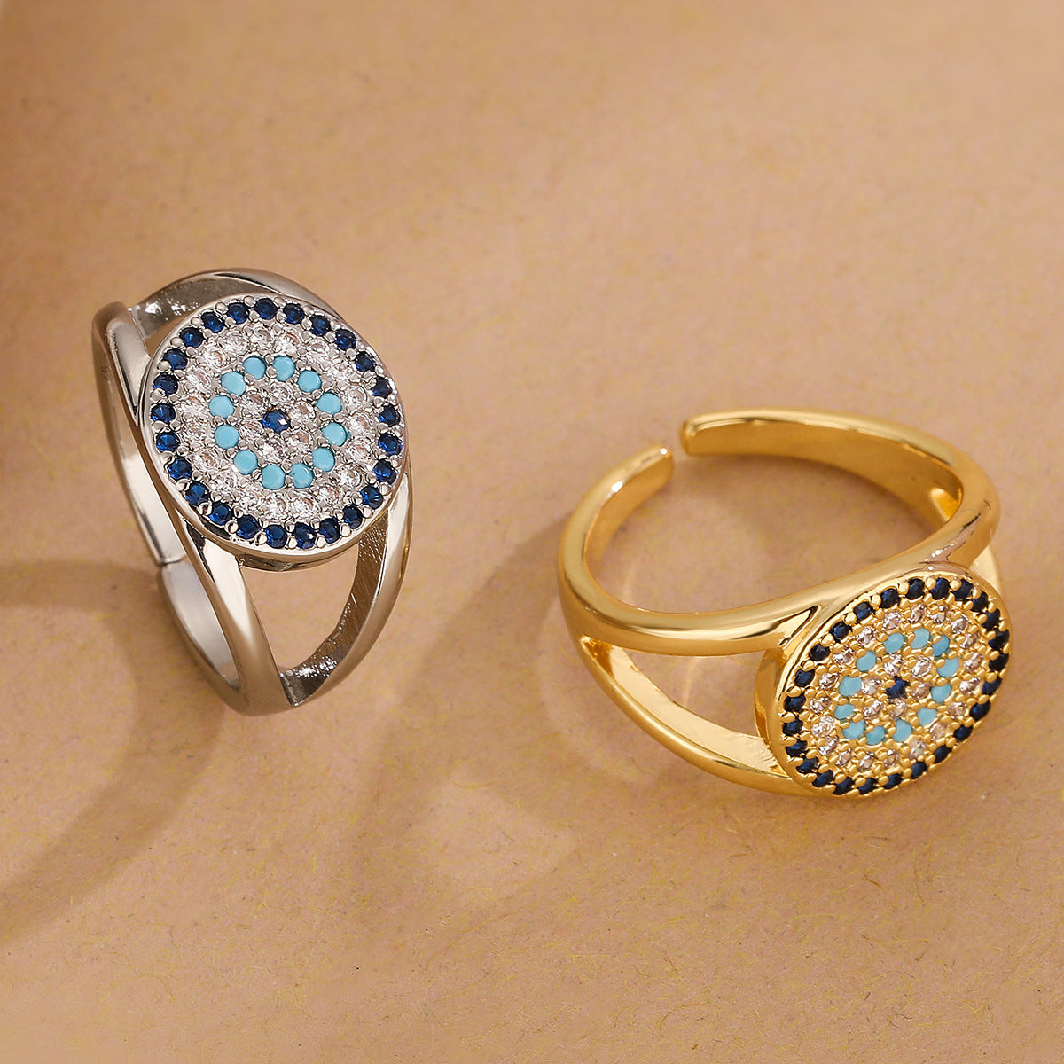 Minimalist Geometric Open Ring for Women with Zircon Inlay and Evil Eye Design in Copper