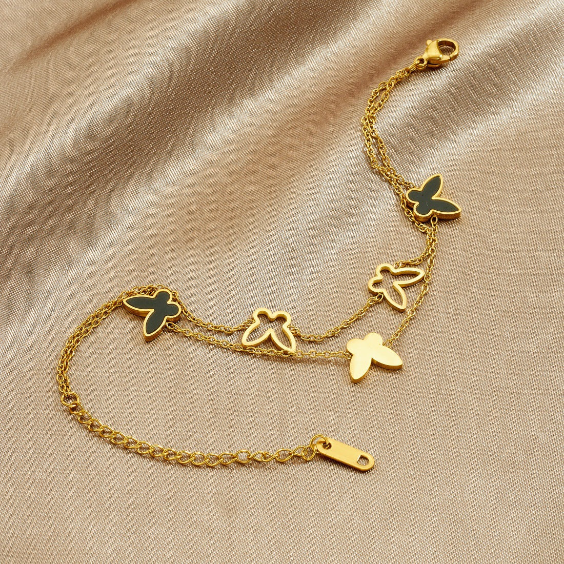 Hollow Black Butterfly Stainless Steel Gold Plated Double Layer Chain Bracelet for Women