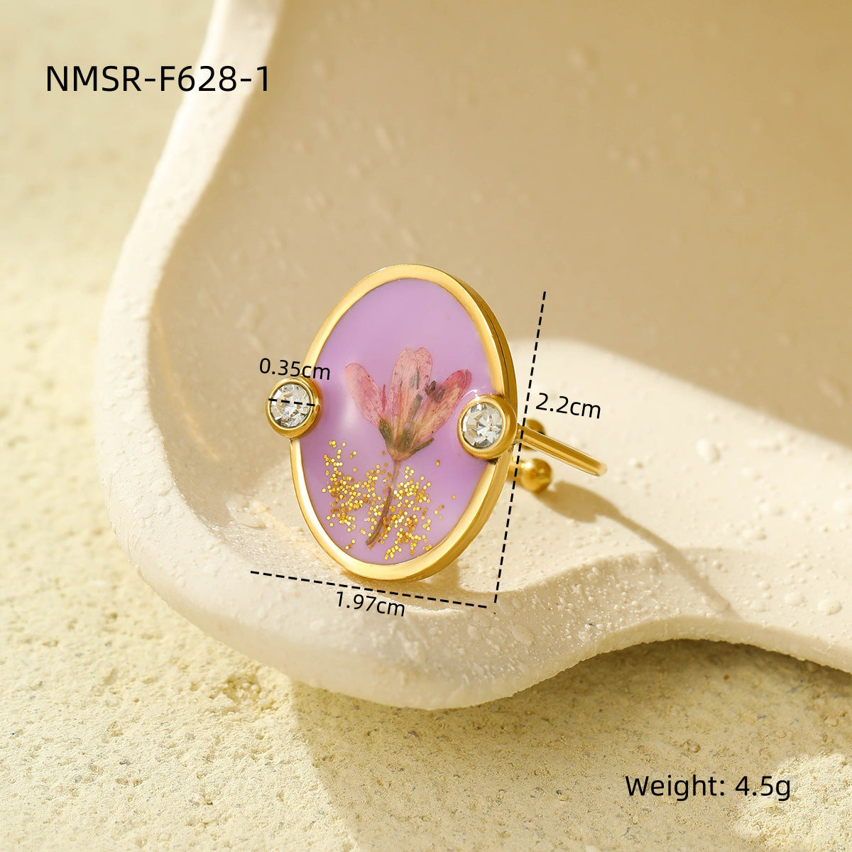 Anillo de Acero Inoxidable con Forma de Corazón a la Moda y Flor Seca Incrustada para Mujer, Baño de Oro, Joyería Chic Minimalista para Oficina