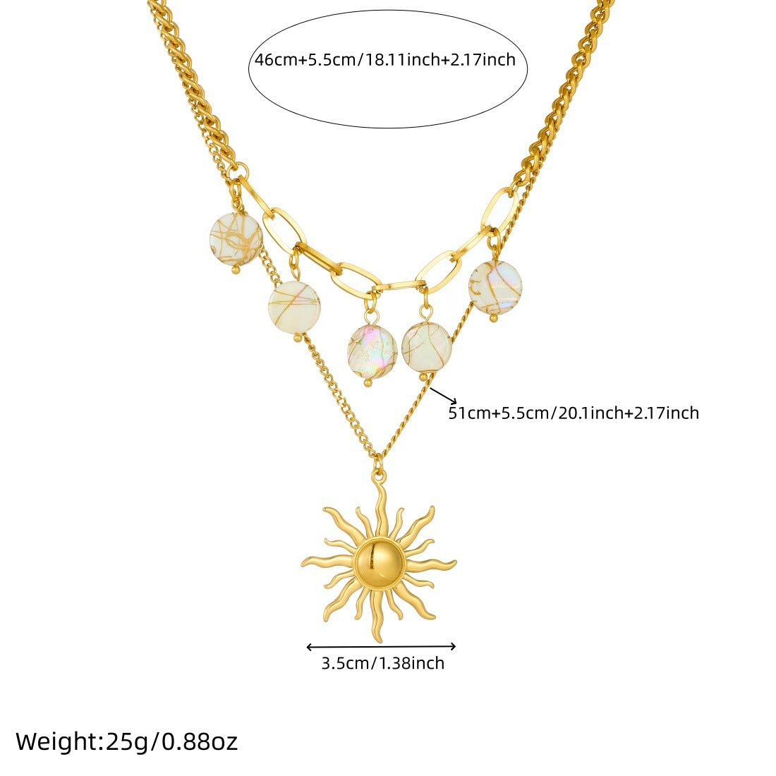 Vintage Gold Plated Round Geometric Sun Stainless Steel Pendant Necklace for Women