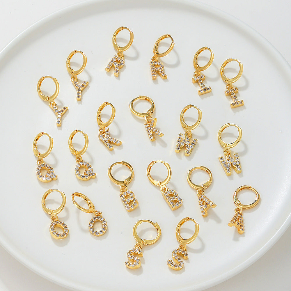 Minimalist Elegant Gold Plated Brass Micro-Inlaid Cubic Zirconia Letter Hoop Earrings for Women