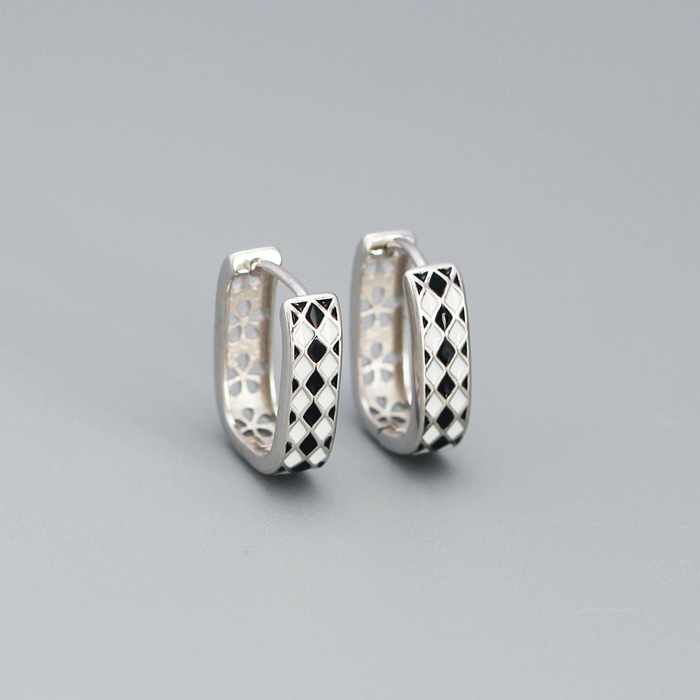 Sweet 925 Sterling Silver Geometric Checkered Drip Oil U-Shaped Hoop Earrings