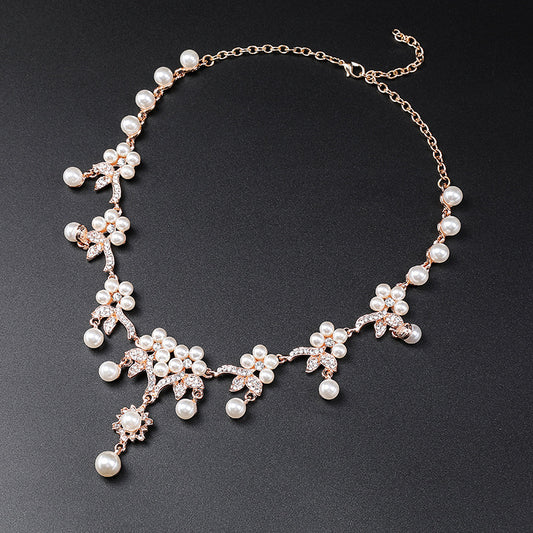 Juego de collar con diseño de rama floral vintage de aleación con acabado galvanizado para mujer, collar con cadena tipo O y pendientes a juego