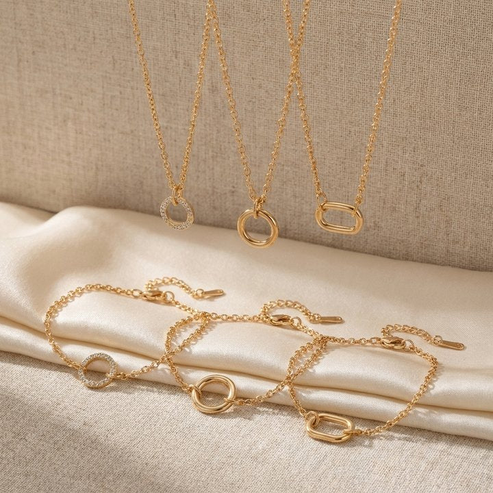 Vintage 18K Gold Plated Brass Corn Chain Necklace with Round Oval Heart Geometric CZ Pendant Charm Bar