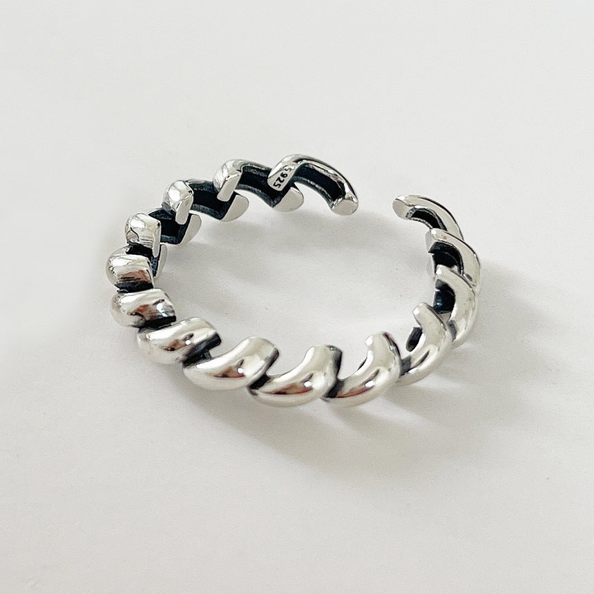 Vintage Minimalist Heart-Shaped 925 Sterling Silver Adjustable Ring with Rope Knot Detail for Women