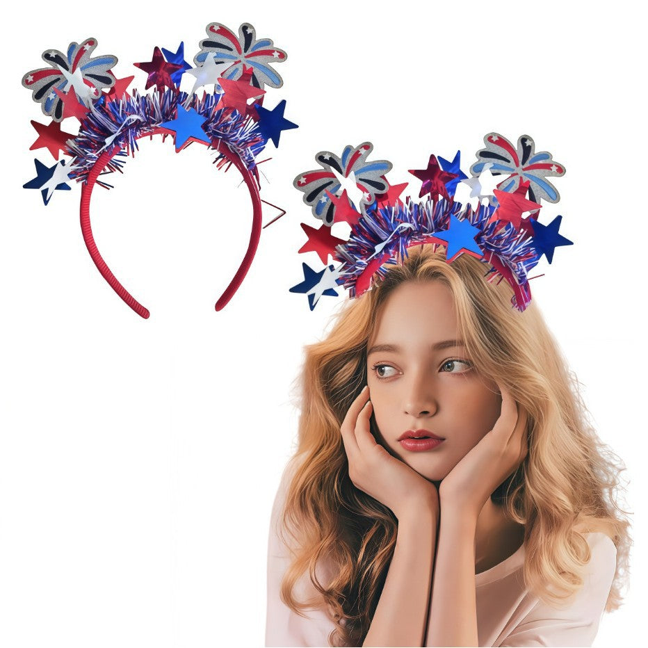 Fascia in Tessuto Ricamata a Righe Patriotiche Rosse Bianche Blu con Fuochi d'Artificio per la Festa dell'Indipendenza