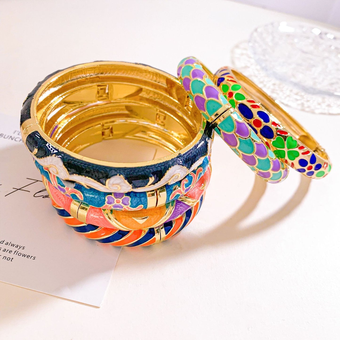 Vintage Elegant Floral Enamel Alloy Rhinestone Inlay Open Cuff Bracelet for Women