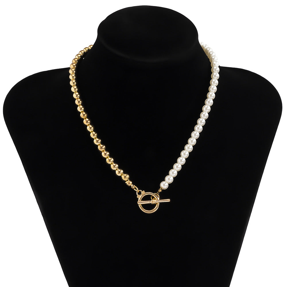 Collana Geometrica di Perle da Donna, Catena in Lega con Finitura Galvanica, Collana Minimalista per Clavicole