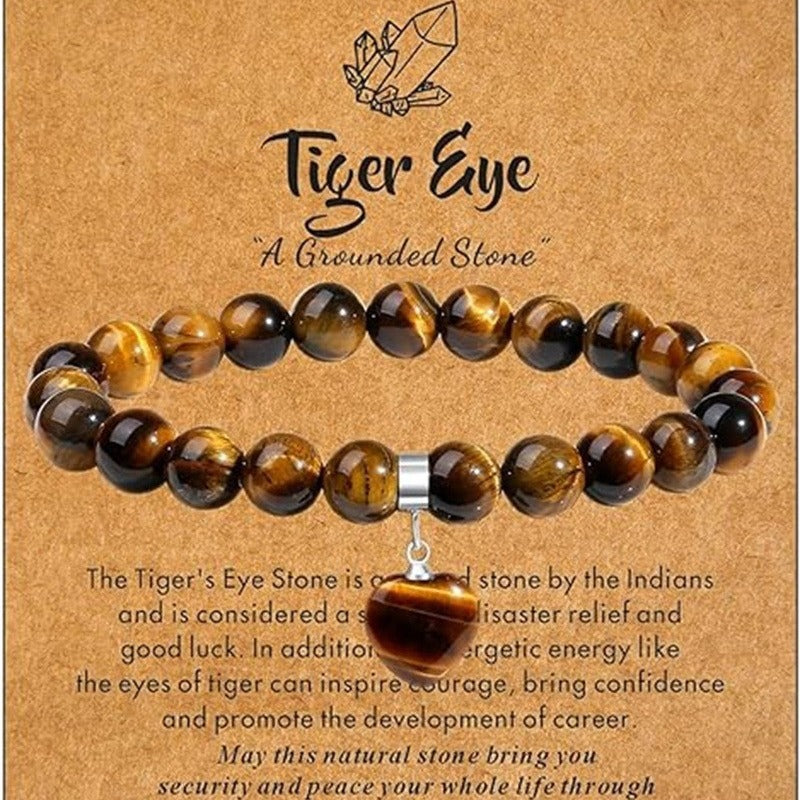 Minimalist Natural Stone Beaded Bracelet with Heart Pendant Unisex Elastic Stretch Bangle