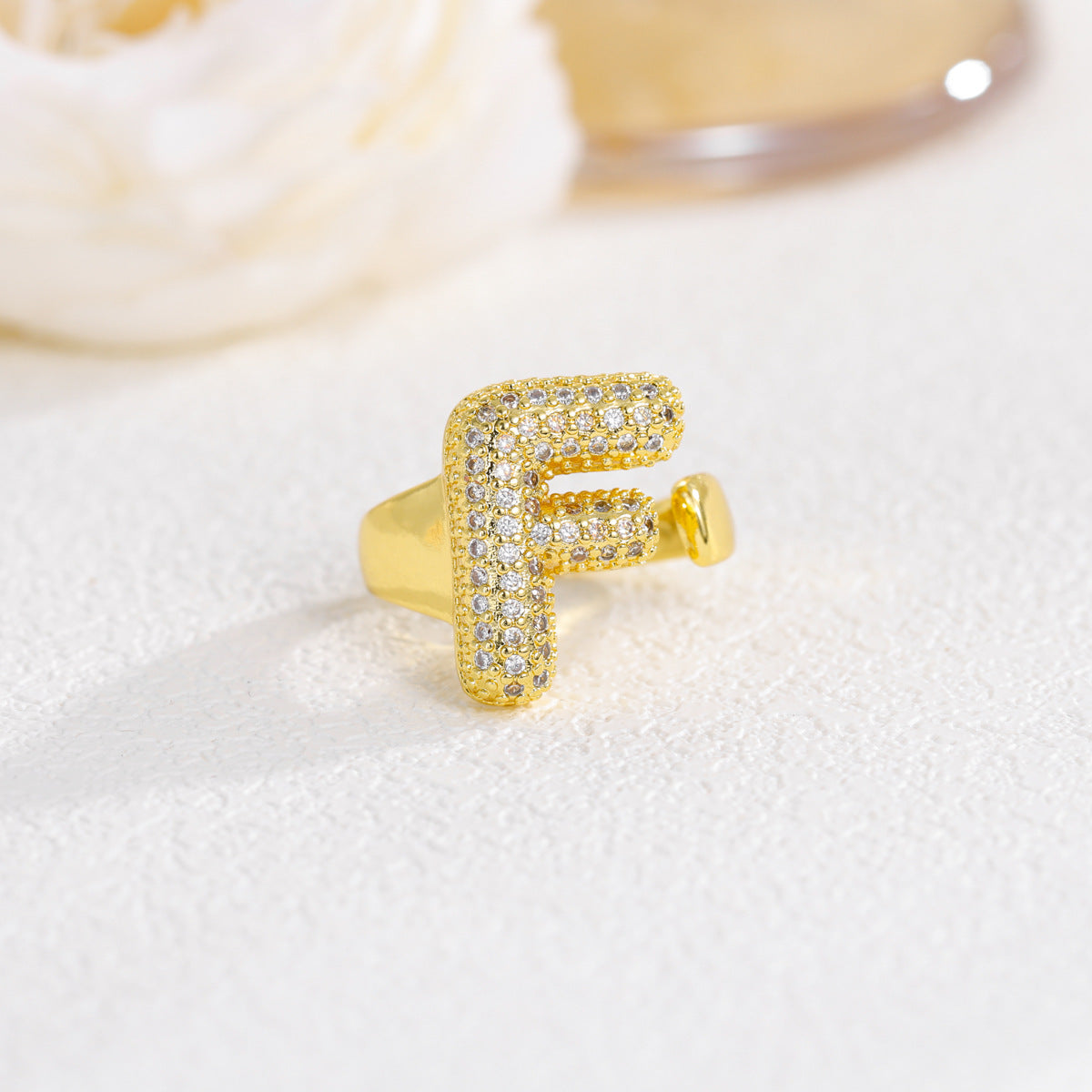 Sweet Plated Brass Letter Ring with Cubic Zirconia Adjustable Open Ring for Women and Men