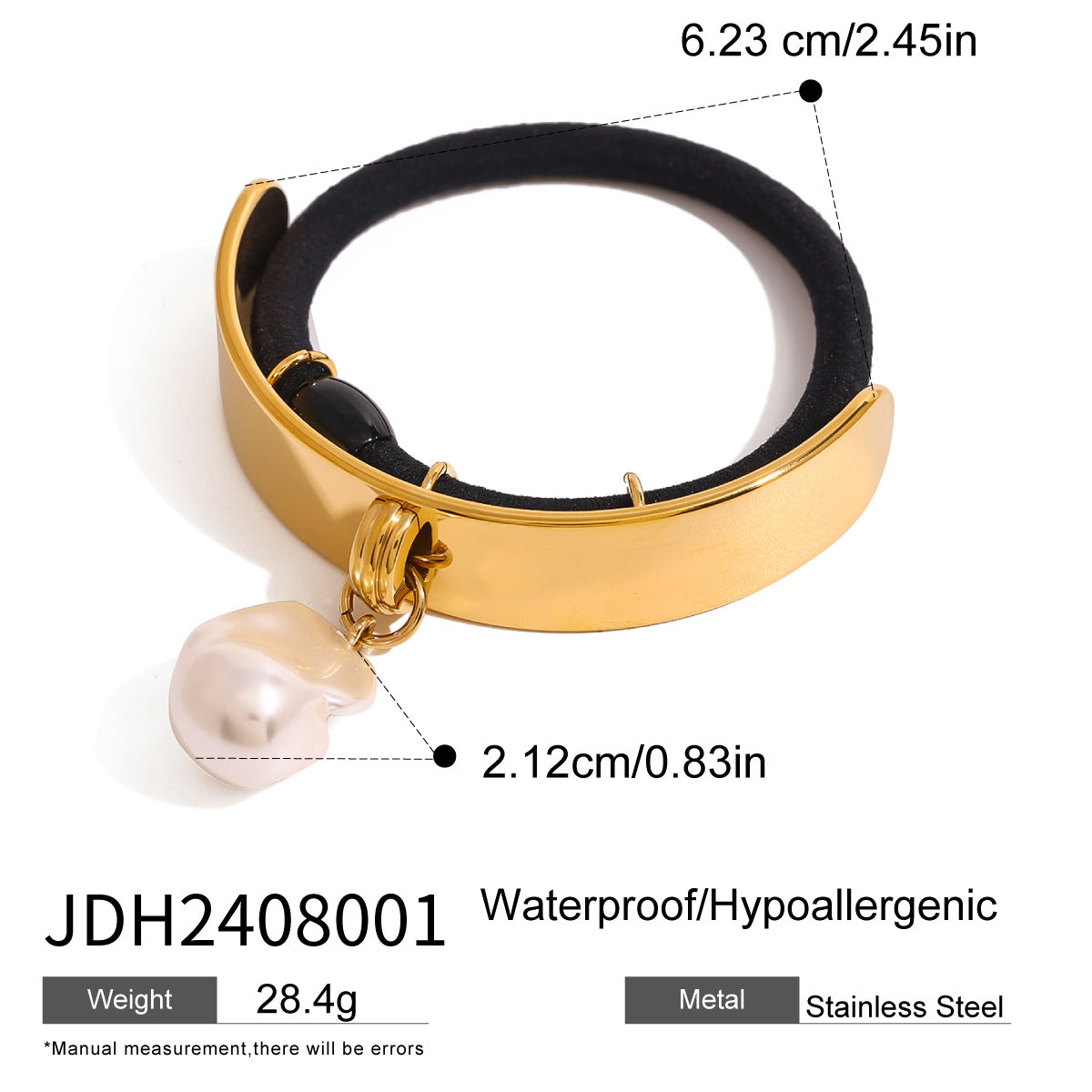 Sweet and Edgy Pearl Pendant Hair Tie with Electroplated Stainless Steel Band for Women
