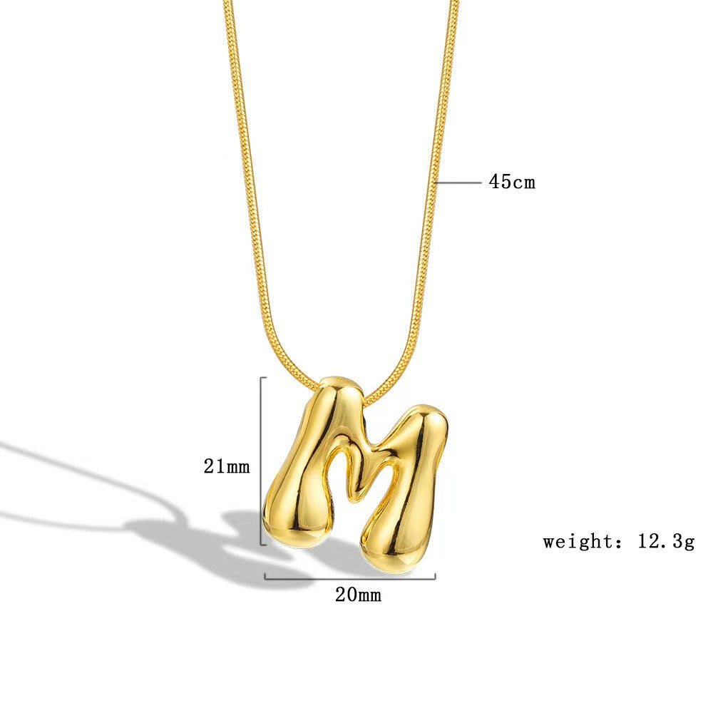 Luxury Balloon Bubble-Shaped Letter Necklace in Titanium Steel with Gold Plating, Snake Chain, Unisex Alphabet Pendant Jewelry