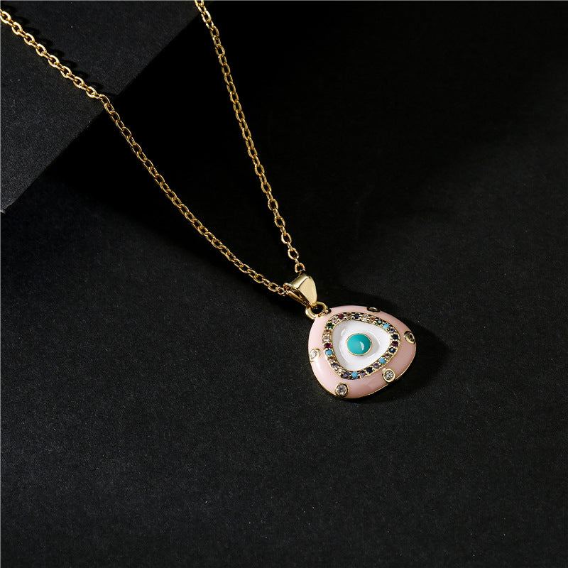 Elegant Geometric Drip Oil Brass Micro-Inlaid Cubic Zirconia Evil Eye Pendant Necklace for Women with Cable Chain