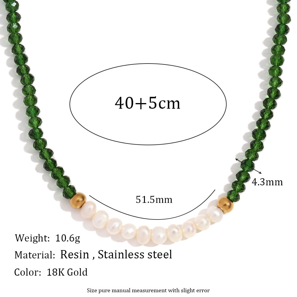 Minimalist Geometric Stainless Steel Pendant Necklace with Ten Freshwater Pearls and Green Faceted Crystals, Electroplated Finish