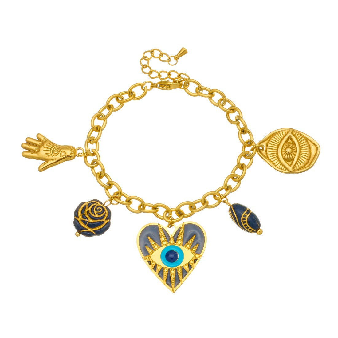 Vintage Gold Plated Stainless Steel Heart and Round Carved Evil Eye Pendant Bracelet with Floral Pattern for Women
