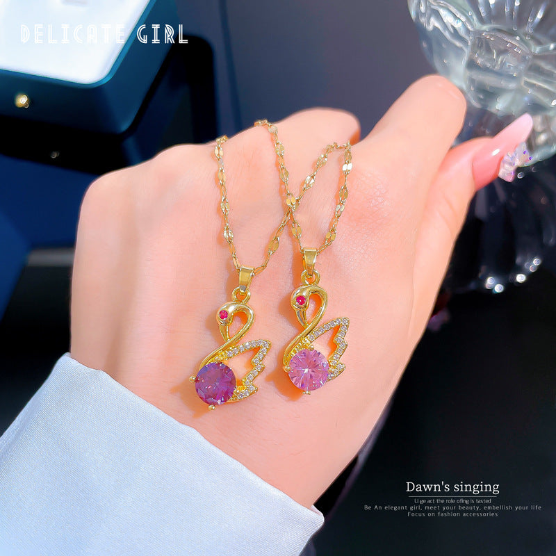 Luxury Swan Pendant Necklace for Women Titanium Steel Geometric Inlaid Rhinestone Clavicle Chain with Plated Finish