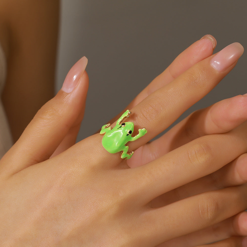 Sweet Geometric Green Drip Oil Frog Ring Adjustable Alloy Ring for Women