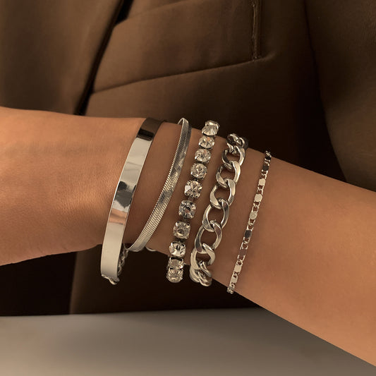 Geometric Style Stackable Snake Chain Bracelet Set for Women with Polished C-Shaped Thick Links and Rhinestone Accents