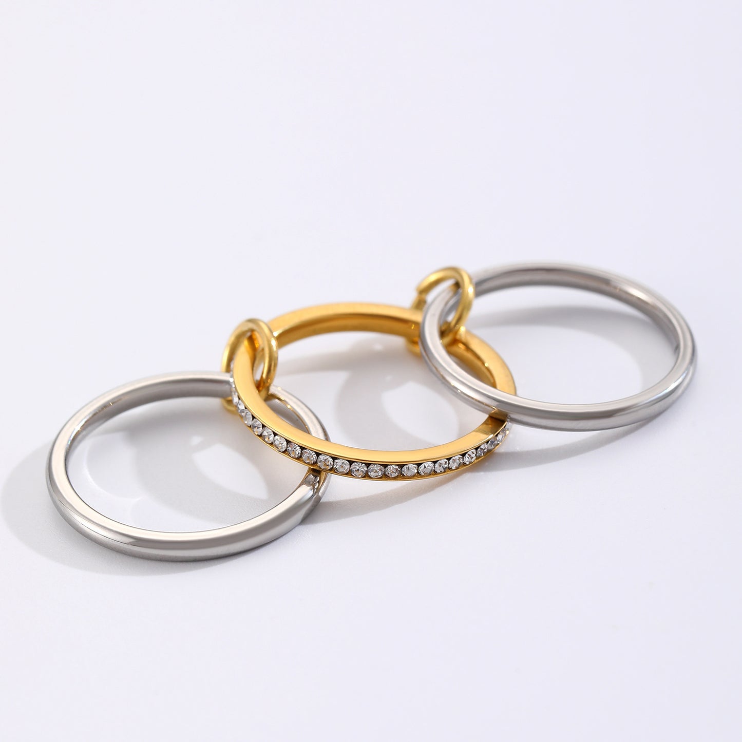 Two-Tone Geometric Stainless Steel Ring with Cubic Zirconia Plating for Women