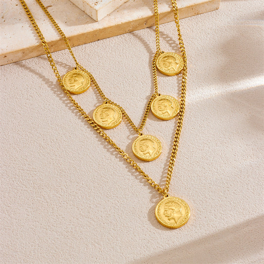 Collana Pendente Geometrica Vintage in Acciaio Inossidabile da Donna con Finitura Placcata Collana Minimalista a Doppio Strato con Medaglione