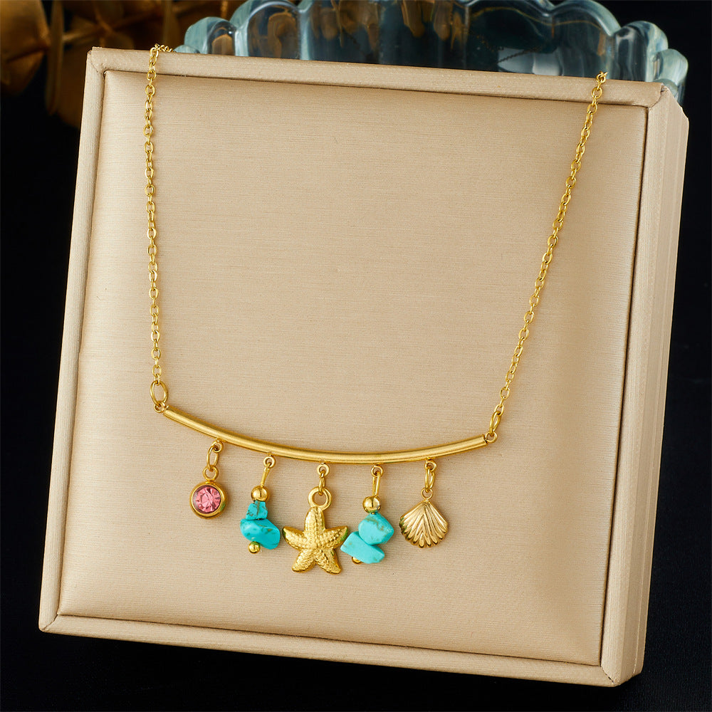 Bohemian Gold Plated Stainless Steel Round Star Necklace with Blue Crushed Stone and Rhinestone for Women