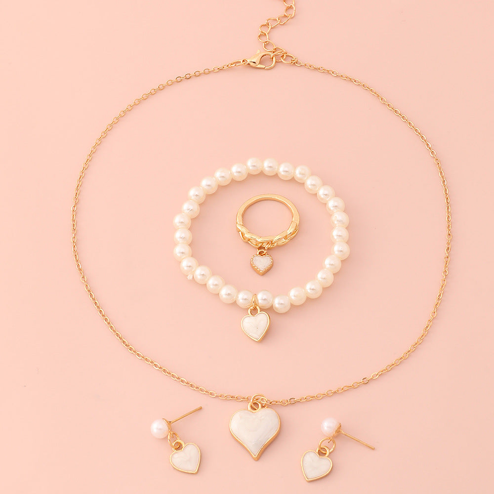 Conjunto de Collar, Pulsera y Pendientes con Cadena de Serpiente de Aleación con Forma de Corazón Tono Frío Minimalista con Acentos de Perlas para Niñas