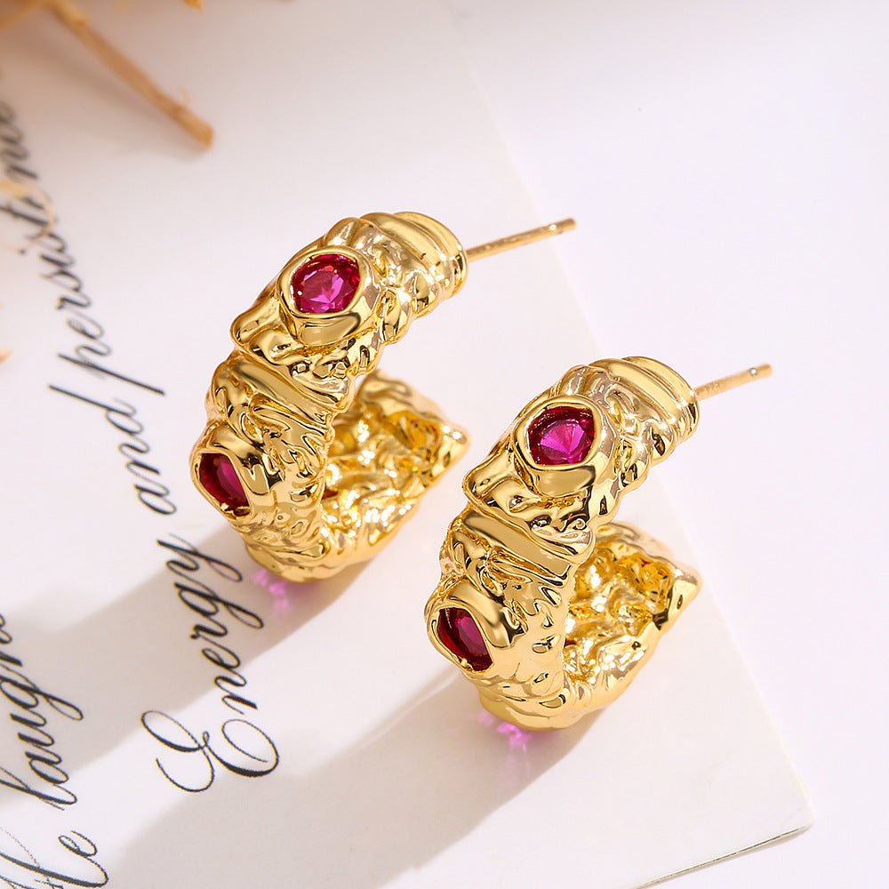 Orecchini geometrici minimalisti in rame con placcatura in oro vero e zirconi micro-incastonati per donna