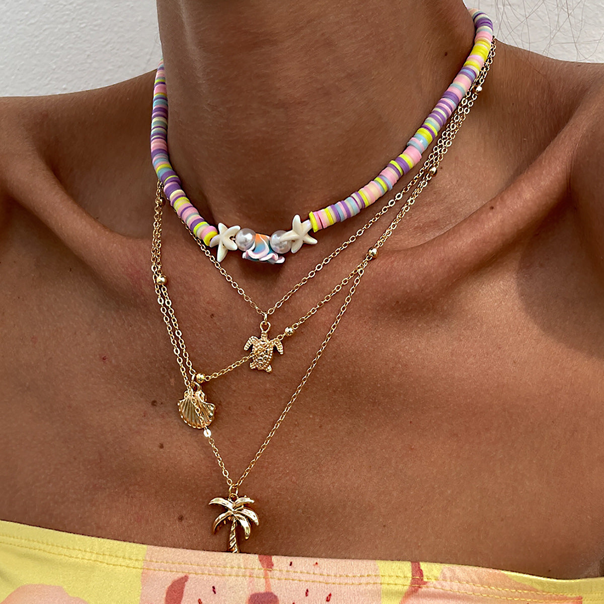 Vacation Style Seashell Pendant Necklace for Women with Polymer Clay and Imitation Pearl Accents on Copper-Plated Iron Chain