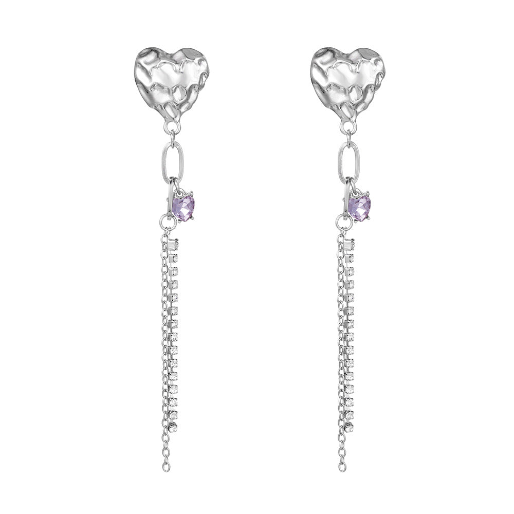 Sweet Minimalist Heart Geometric Alloy Earrings with Purple Cubic Zirconia and 925 Sterling Silver Post Long Tassel Drop Earrings for Women