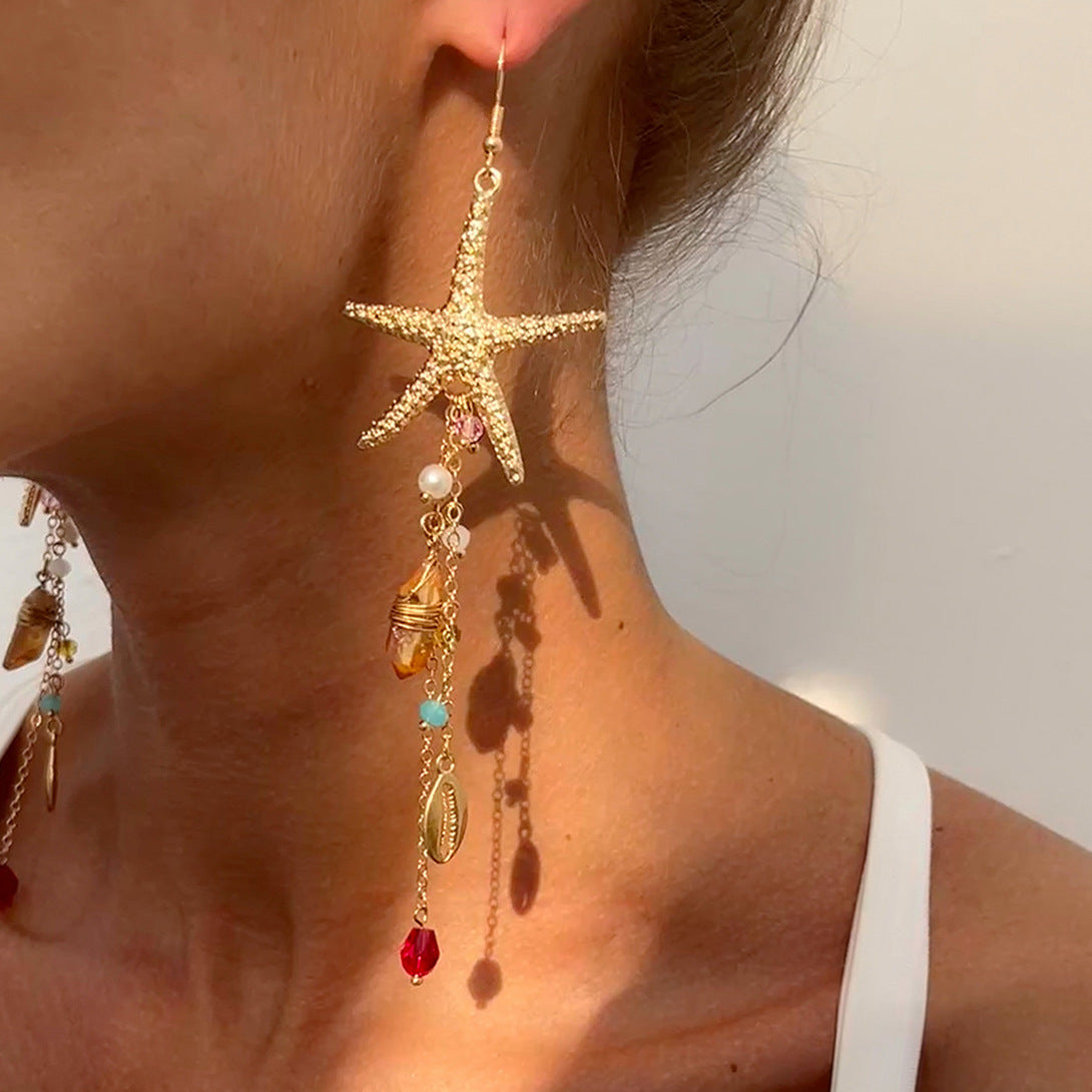Sweet Plated Zinc Alloy Starfish and Jellyfish Crystal Tassel Earrings for Unisex