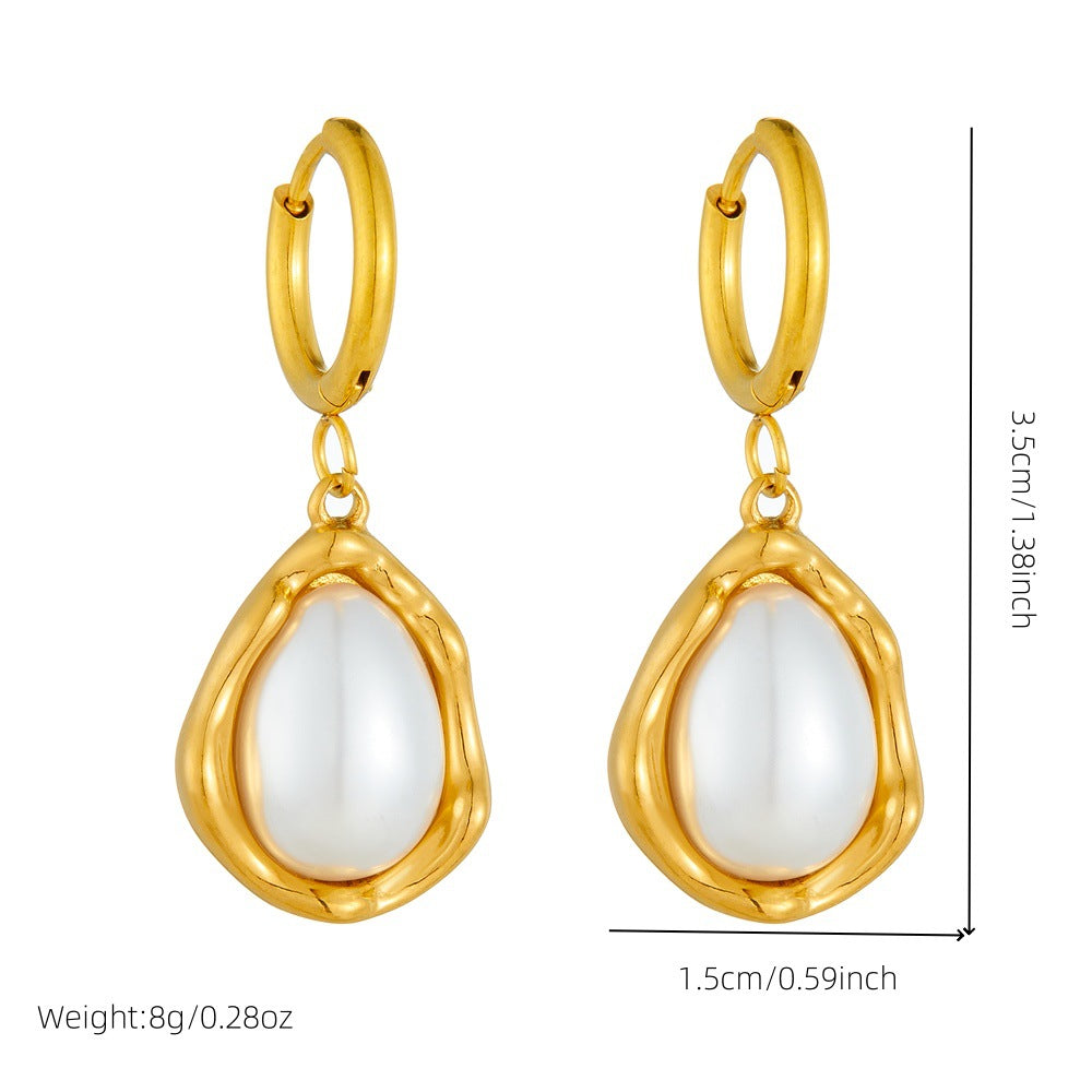 Vintage Elegant Gold Plated Stainless Steel Large Pearl Teardrop Earrings