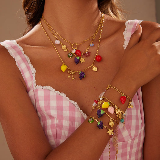 Collar con colgante de acero inoxidable con forma de fruta a la moda con acabado chapado para mujer, cadena con medallón con diseño de limón, fresa y uva