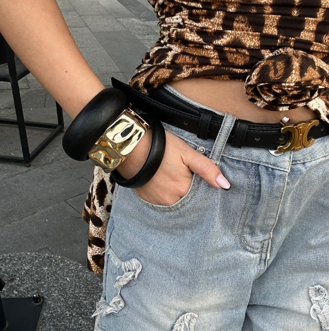 Geometric Liquid Gold Plated Alloy Wide Cuff Bracelet
