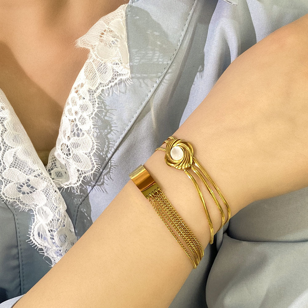 Bracciale geometrico in acciaio inossidabile con placcatura in oro 18 carati e intarsio in conchiglia naturale, gioielli minimalistici alla moda per donne e uomini