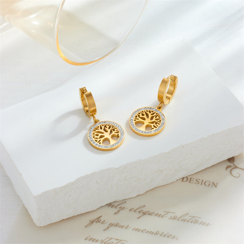 Pendientes Minimalistas Redondos Geométricos Árbol de la Vida Vintage de Acero de Titanio con Incrustaciones de Diamantes de Imitación para Mujer